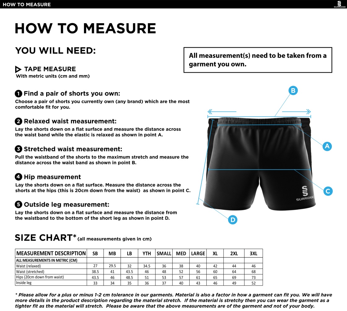 Rossendale Harriers - Performance Gym Short - Men's/Junior's - Size Guide