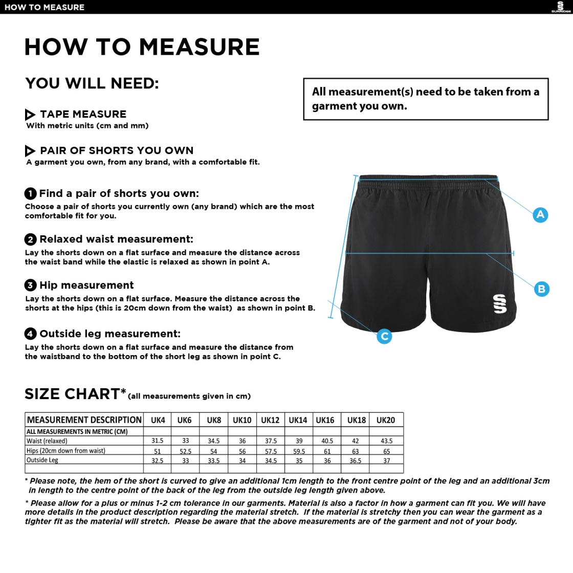 Rossendale Harriers - Performance Gym Short - Women's Fit - Size Guide