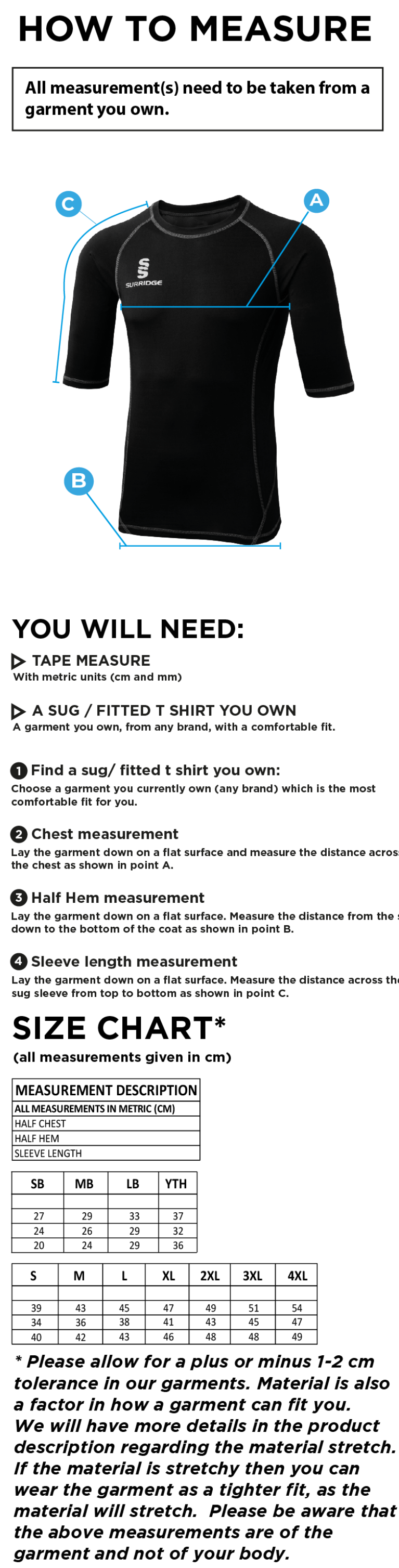 Rossendale Harriers Short Sleeve Undergarment - Size Guide