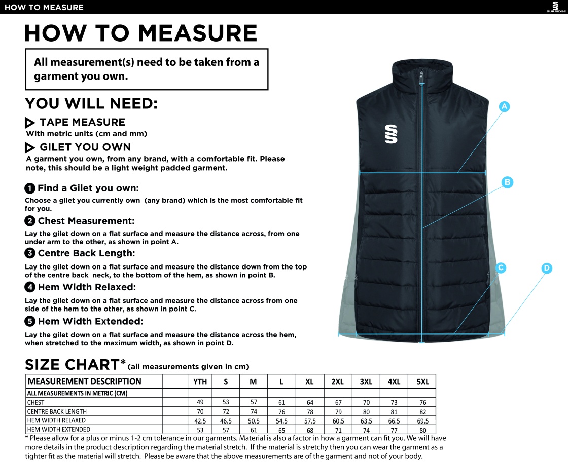 Rossendale Harriers - Active Gilet - Unisex Fit - Size Guide
