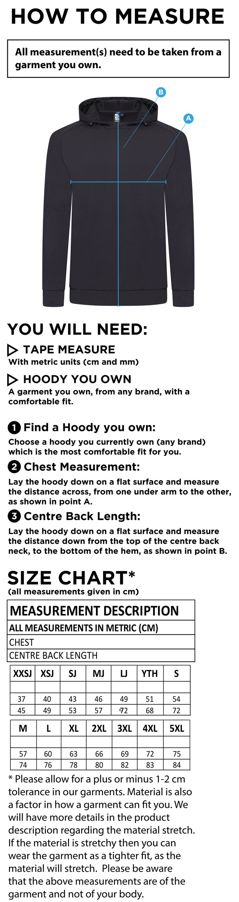 ACTIVE HOODY NAVY - Unisex Fit - Size Guide