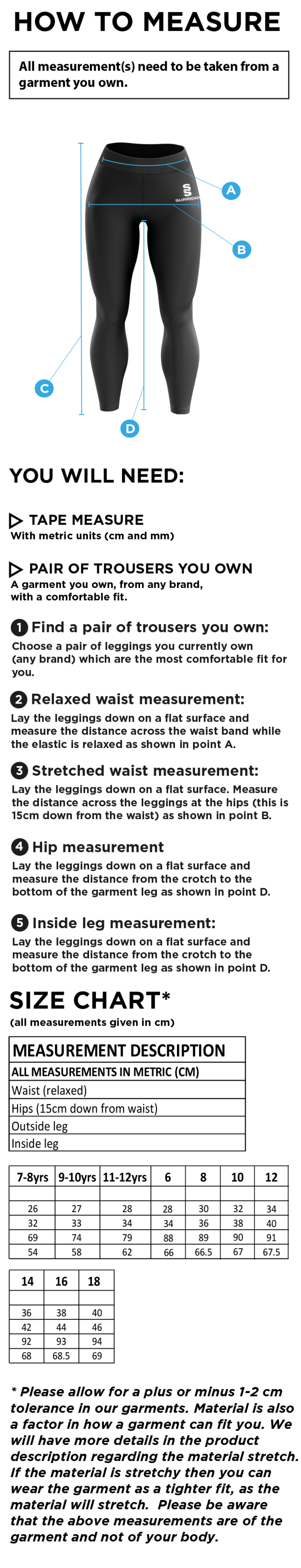 Rossendale Harriers - Performance Full Length Leggings - Women's Fit - Size Guide