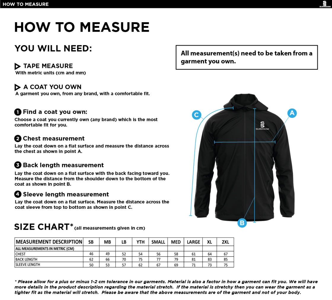 Rossendale Harriers - Dual Elite 1/4 Zip Hoody / Rain Jacket - Unisex Fit - Size Guide