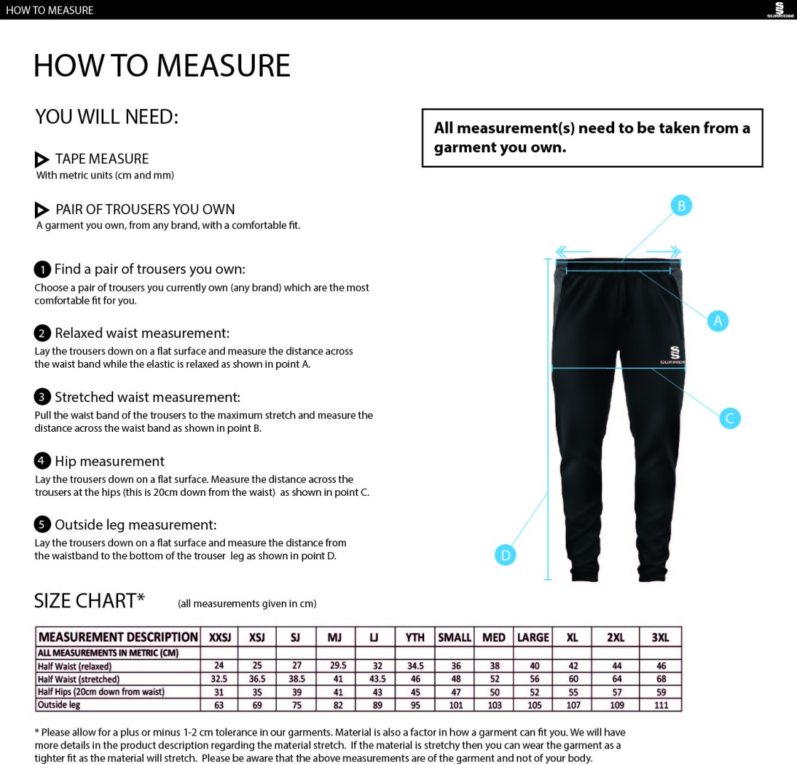 Rossendale Harriers - Skinny Pant - Unisex Fit - Size Guide