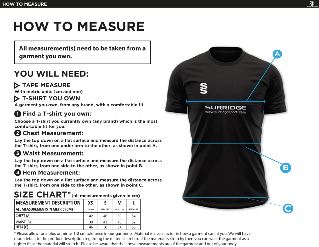 Rossendale Harriers - Impact T-Shirt - Women's Fit - Size Guide