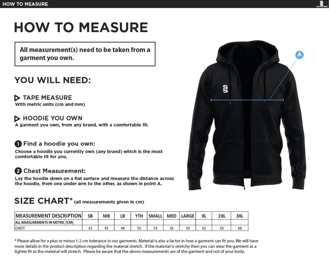 Rossendale Harriers - Dual Full Zip Hoody - Unisex Fit - Size Guide