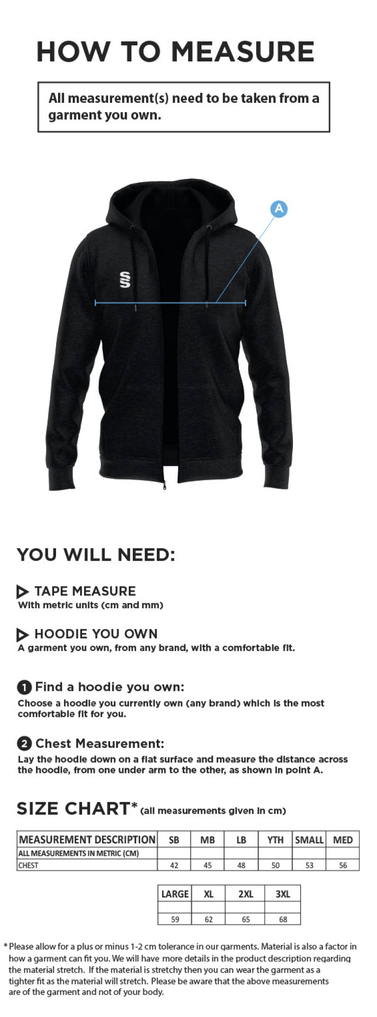 Rossendale Harriers - Dual Full Zip Hoody - Unisex Fit - Size Guide