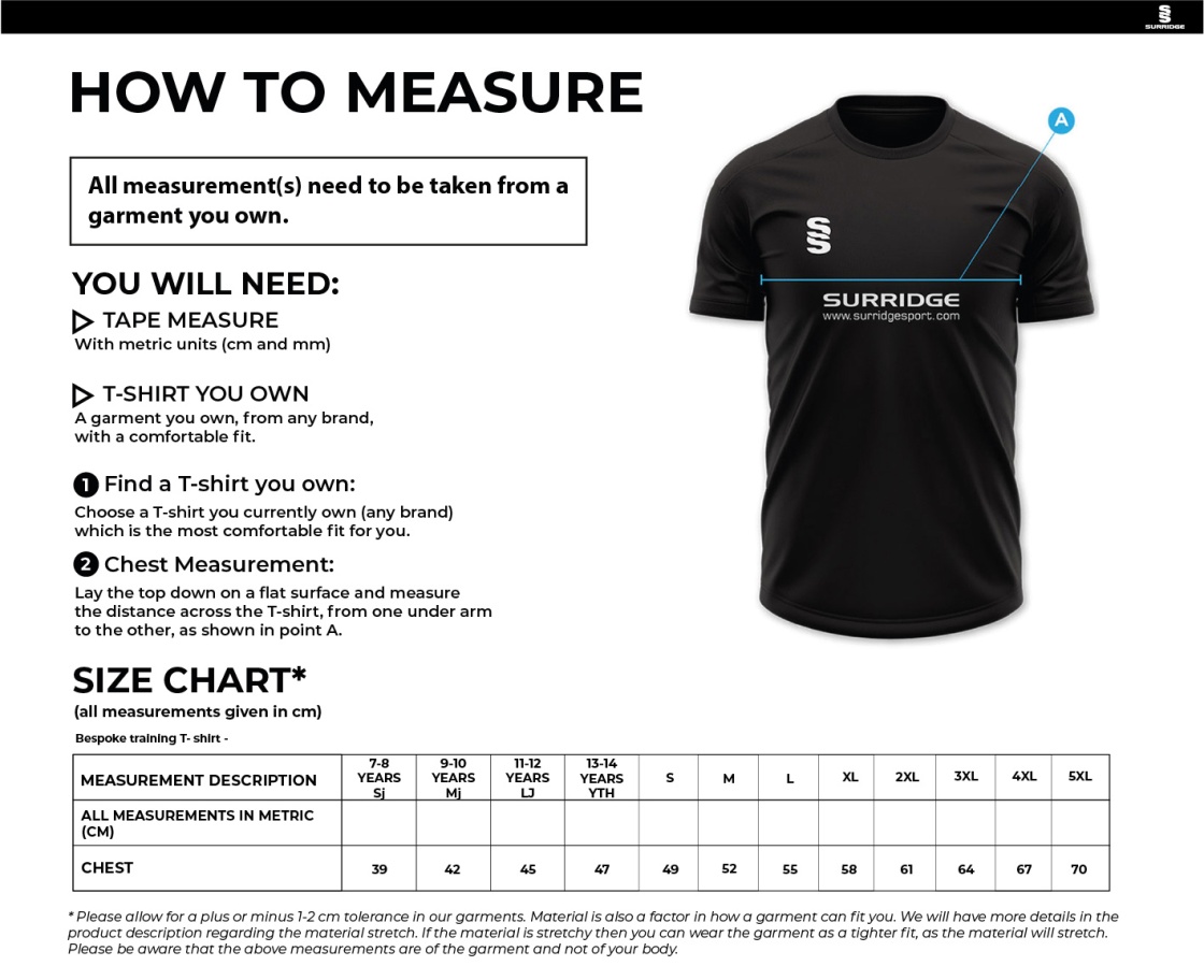 Rossendale Harriers - Impact T-Shirt - Men's/Junior's - Size Guide