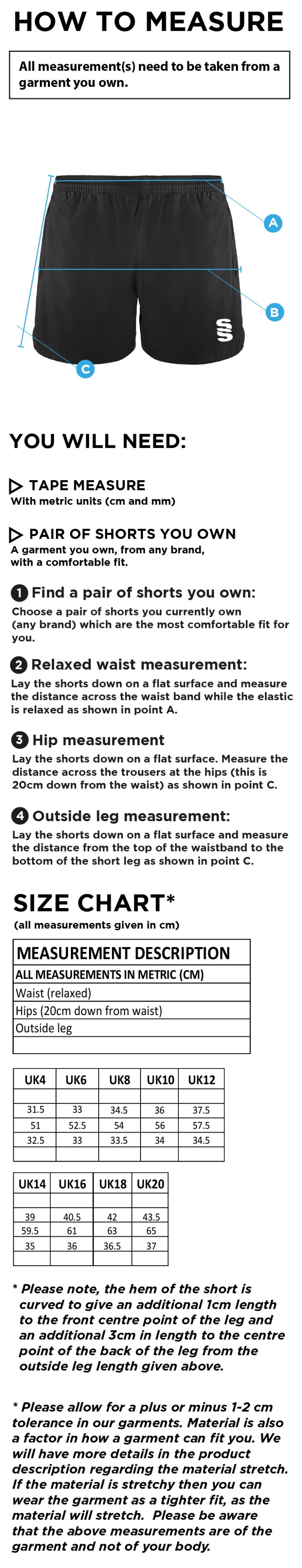 Rossendale Harriers - Performance Gym Short - Women's Fit - Size Guide