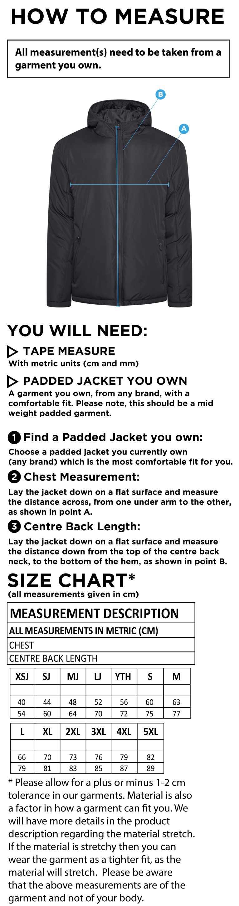 Rossendale Harriers - Active Padded Jacket - Unisex Fit - Size Guide