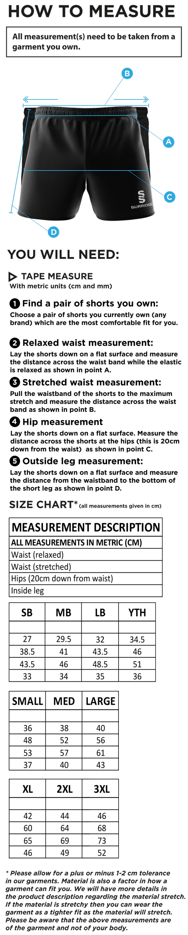 Rossendale Harriers - Performance Gym Short - Men's/Junior's - Size Guide