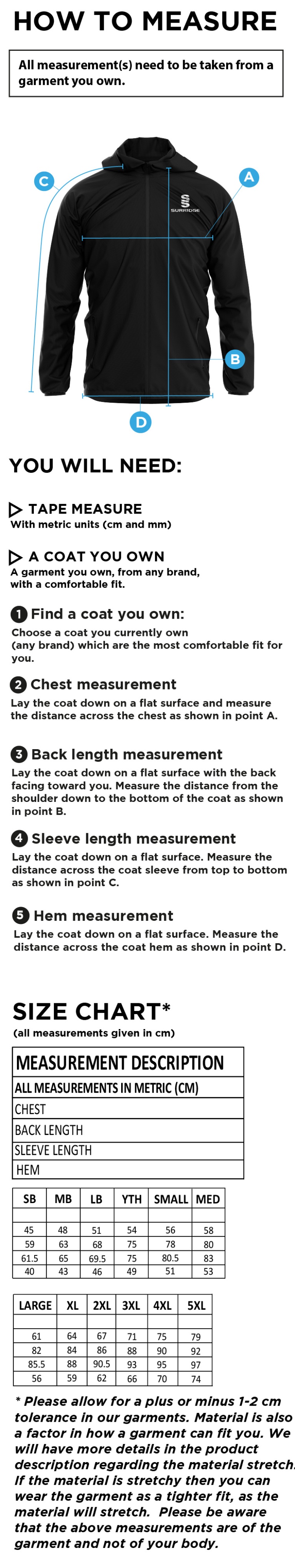 Rossendale Harriers - Dual Full Zip Training Jacket - Unisex Fit - Size Guide