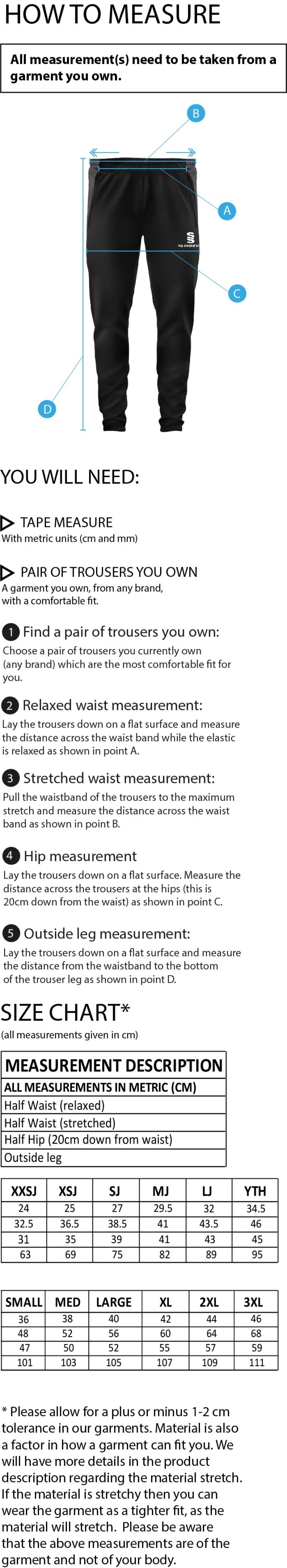 Rossendale Harriers - Skinny Pant - Unisex Fit - Size Guide