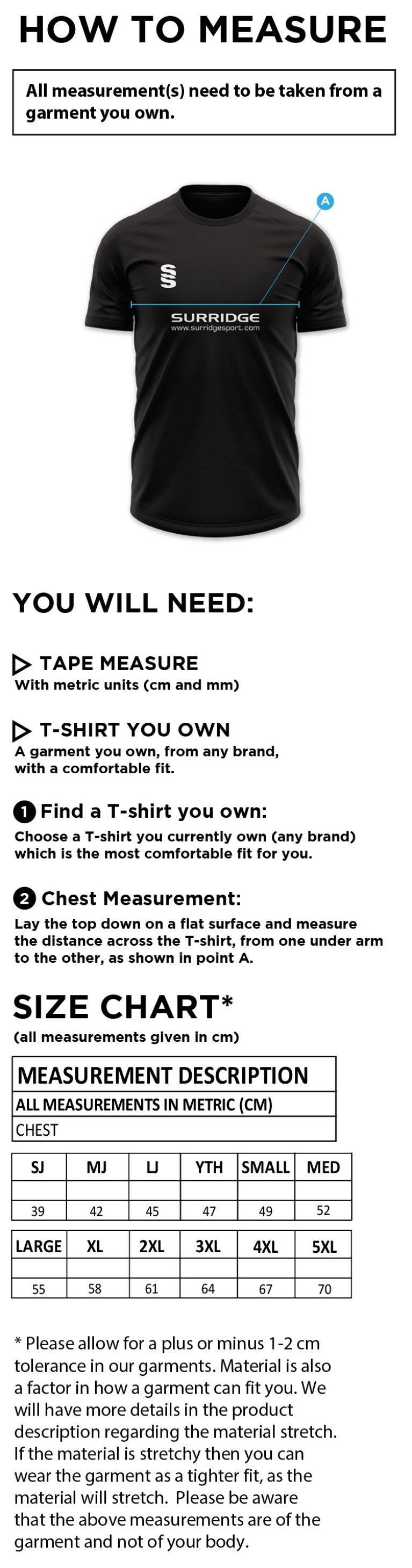 Rossendale Harriers - Impact T-Shirt - Men's/Junior's - Size Guide
