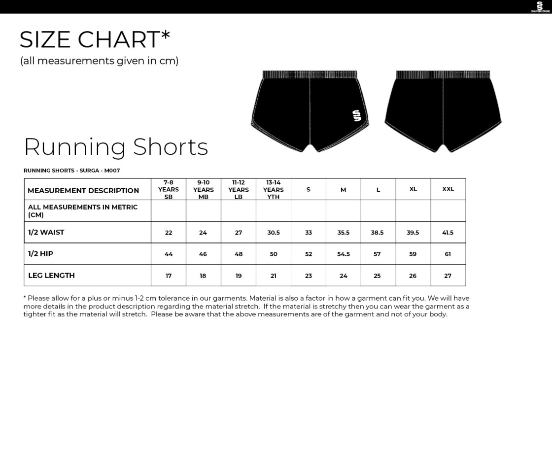 Rossendale Harriers - Running Shorts - Size Guide