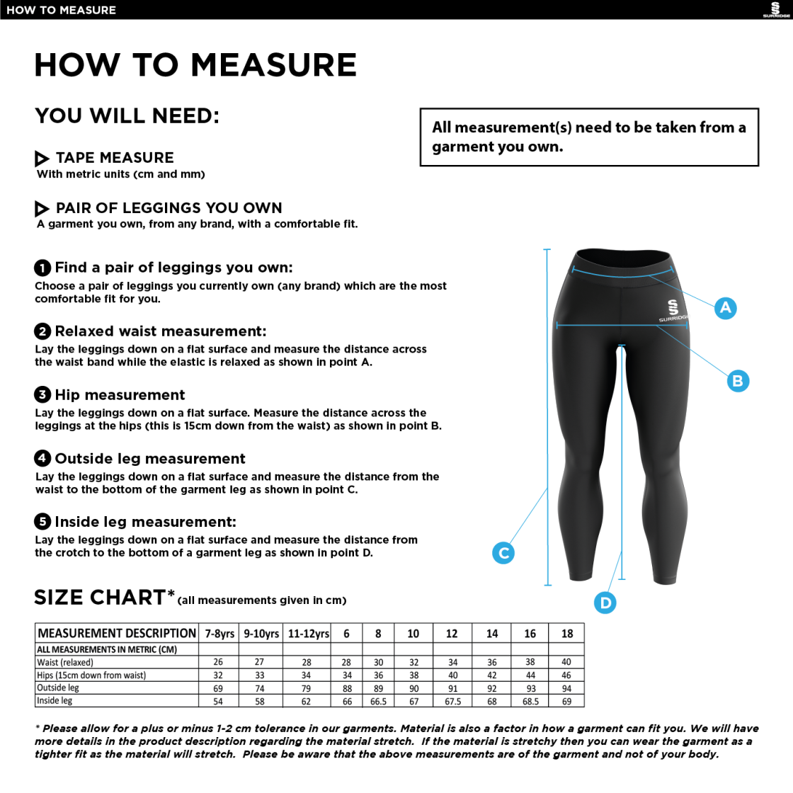 Rossendale Harriers - Performance Full Length Leggings - Women's Fit - Size Guide