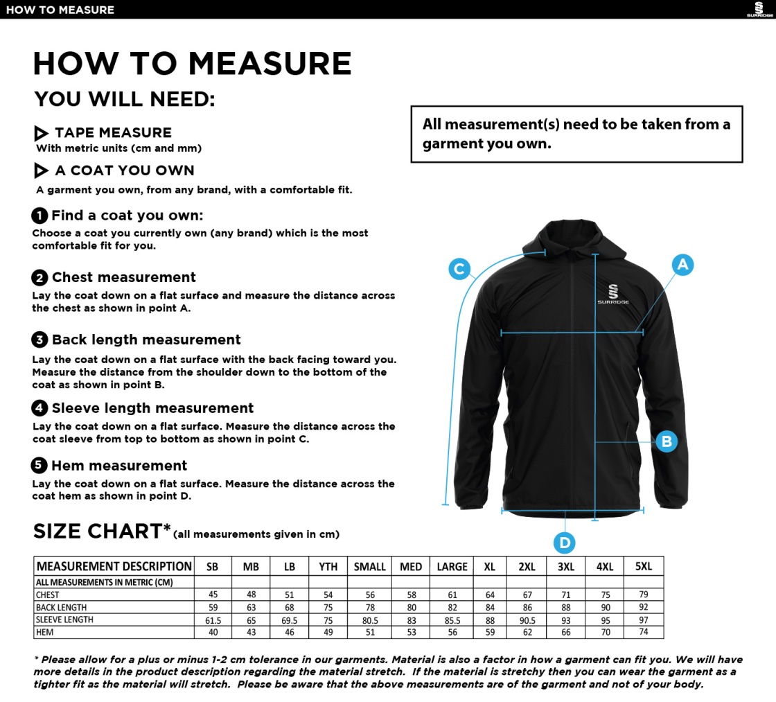 Rossendale Harriers - Dual Full Zip Training Jacket - Unisex Fit - Size Guide