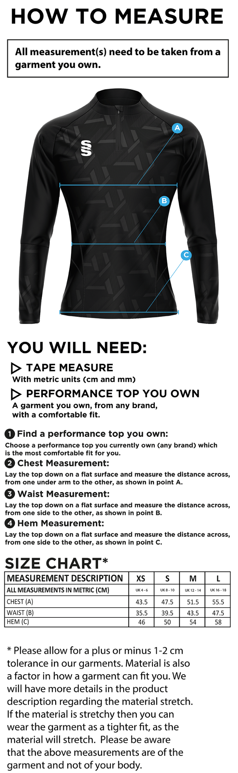 Rossendale Harriers - Impact 1/4 Zip Performance Top - Women's Fit - Size Guide