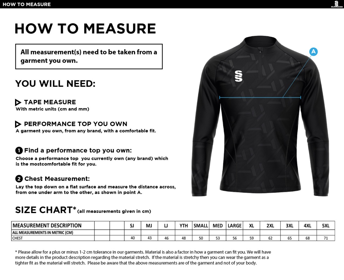 Rossendale Harriers - Impact 1/4 Zip Performance Top - Men's/Junior's - Size Guide