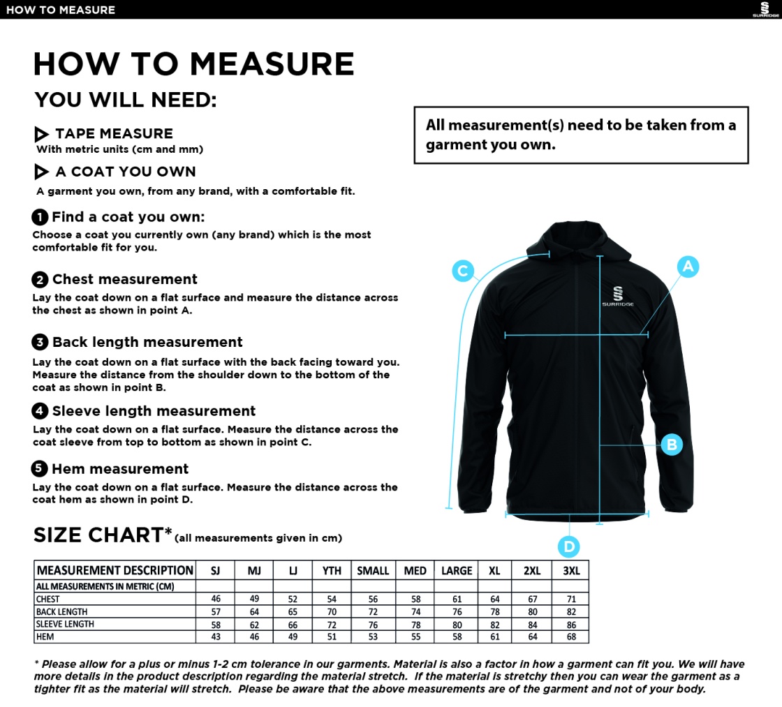 Rossendale Harriers - Dual Elite 1/4 Zip Hoody / Rain Jacket - Unisex Fit - Size Guide