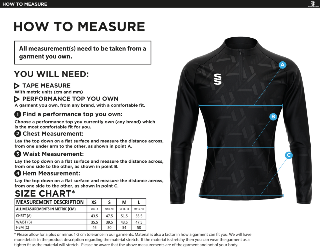 Rossendale Harriers - Impact 1/4 Zip Performance Top - Women's Fit - Size Guide
