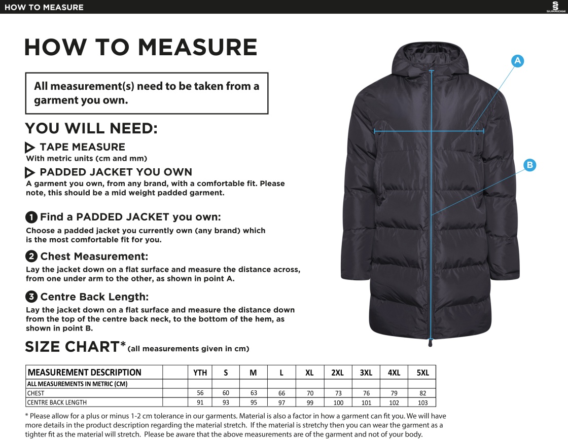 Rossendale Harriers - Active Long Padded Jacket - Unisex Fit - Size Guide