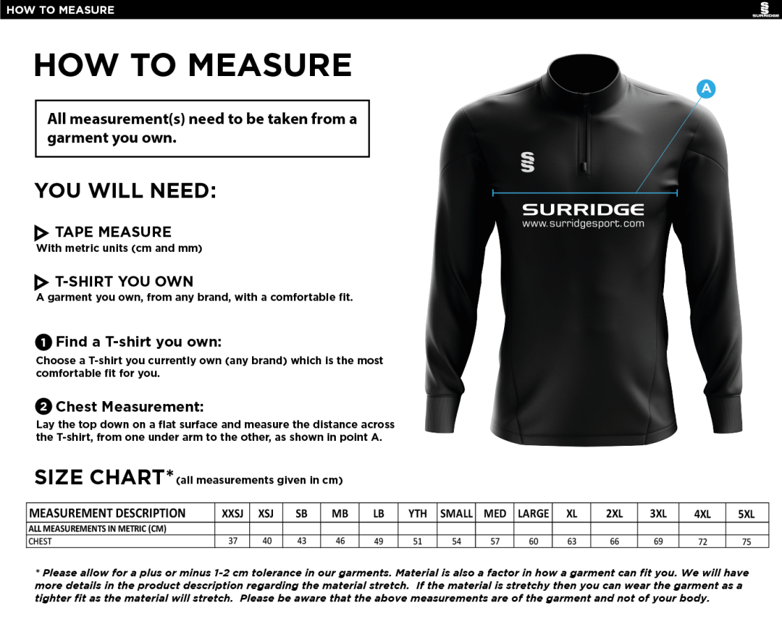 Rossendale Harriers Performance Top - Size Guide
