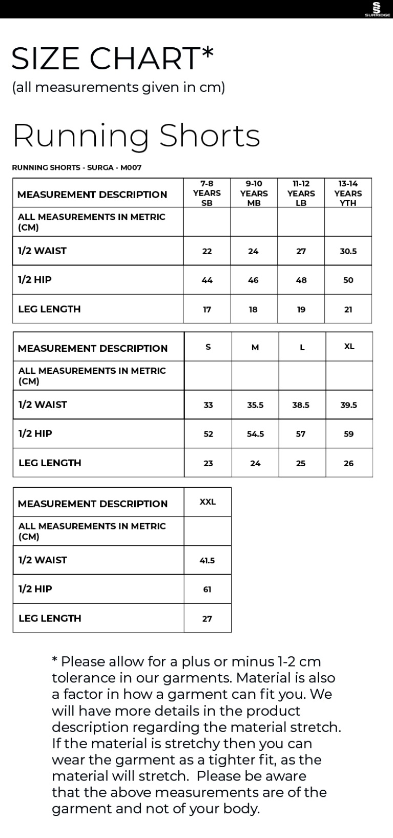 Rossendale Harriers - Running Shorts - Size Guide