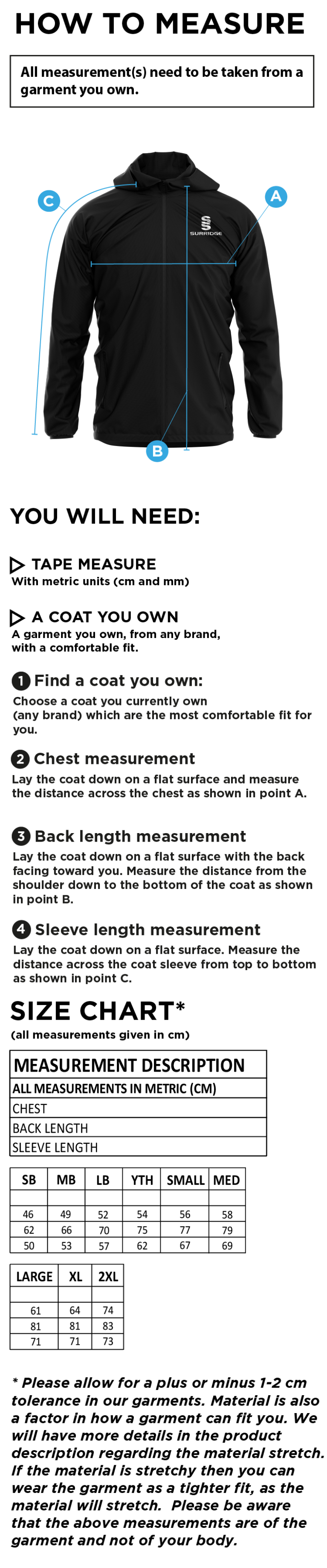 Rossendale Harriers - Dual Elite 1/4 Zip Hoody / Rain Jacket - Unisex Fit - Size Guide