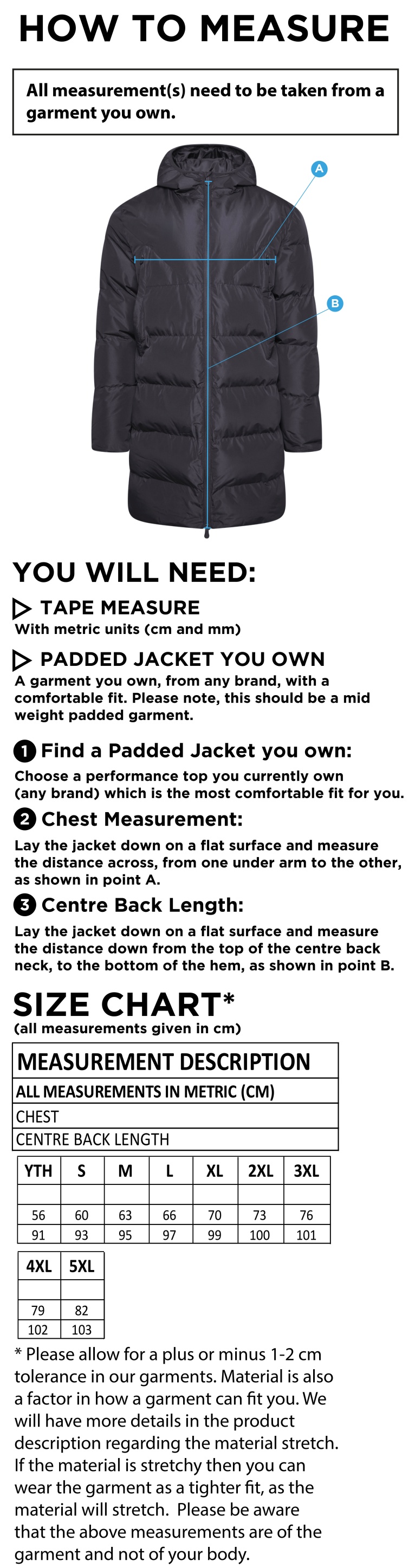 Rossendale Harriers - Active Long Padded Jacket - Unisex Fit - Size Guide