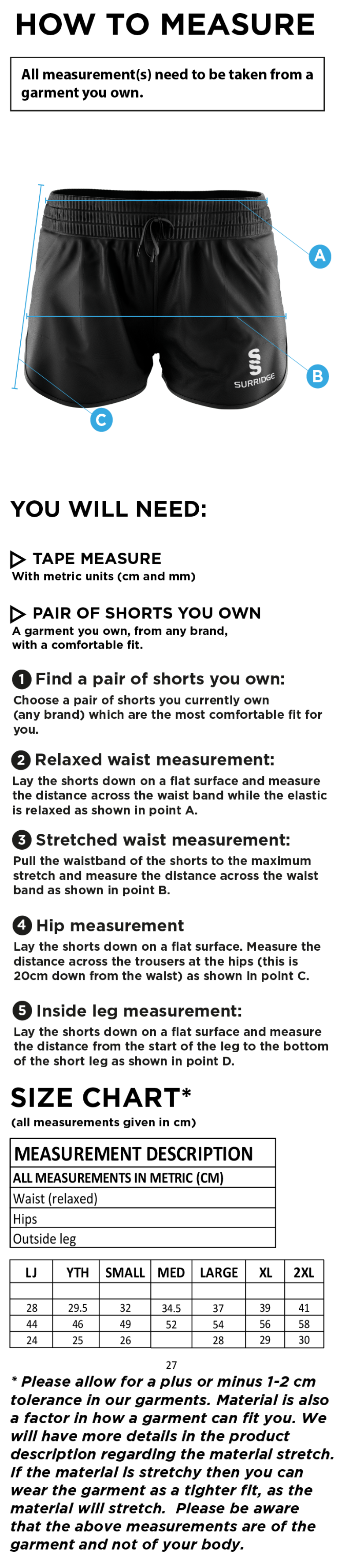 Rossendale Harriers - Dual Active Short - Women's Fit - Size Guide
