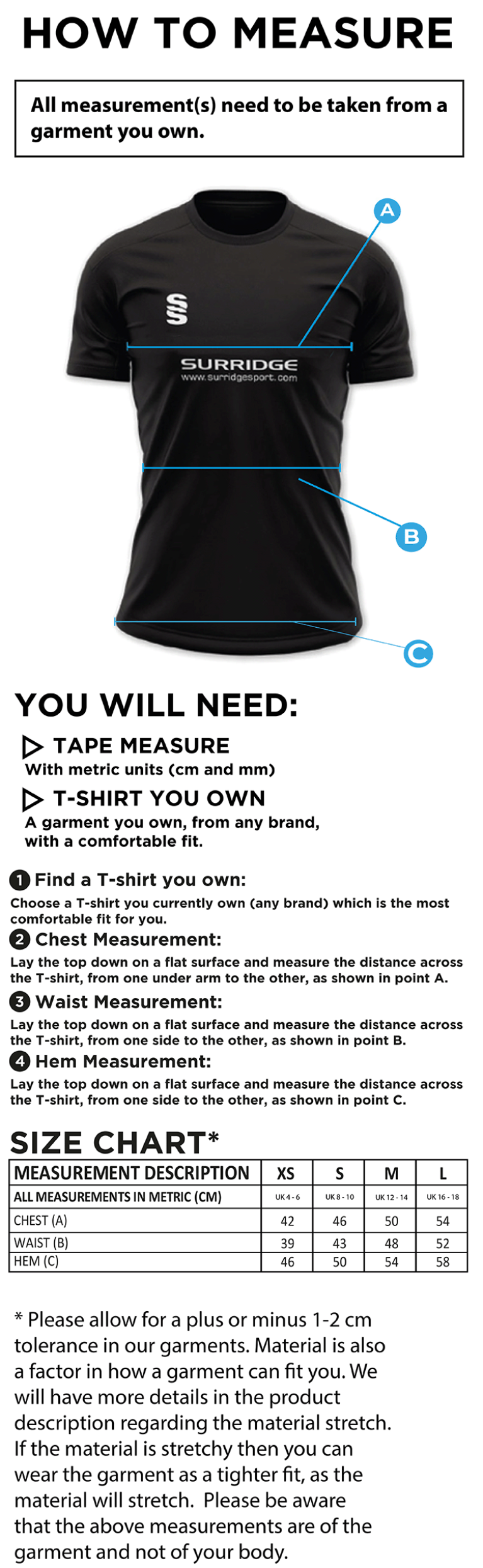 Rossendale Harriers - Impact T-Shirt - Women's Fit - Size Guide